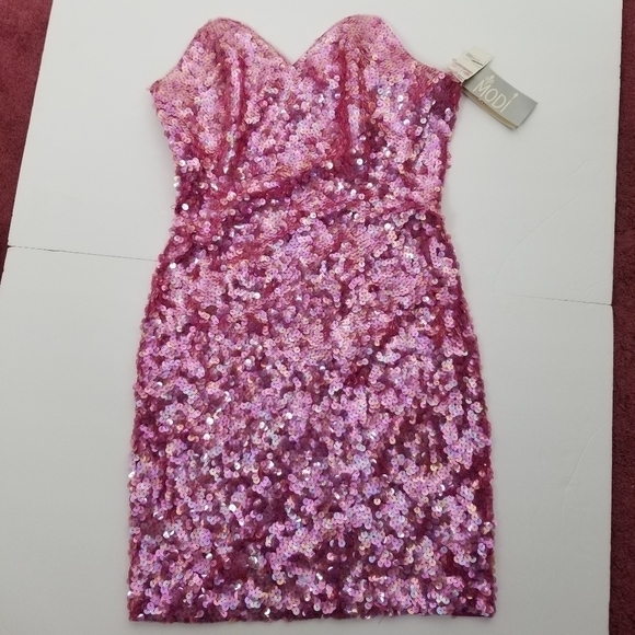 Modi NWT Strapless Mini Dress All Over Heavily Sequin Hot Pink Sweetheart Large - Picture 5 of 11